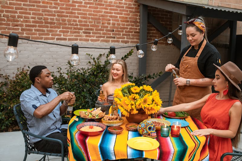 Charming outdoor patio dining area with string lights